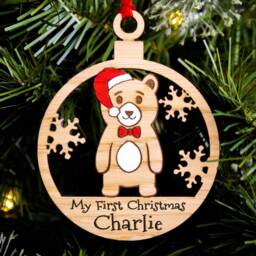 Baby Girls First Christmas Tree Decoration, Cute Bear Personalised Wood Engraved Xmas Bauble, Stocking Filler, Secret Santa, Single Female - thumbnail 3