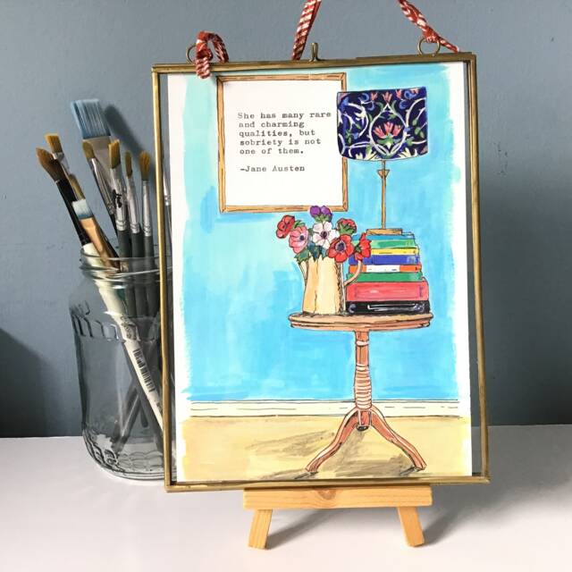 Framed Jane Austen Quote Print, Hand-Painted Books & Flowers - image 1