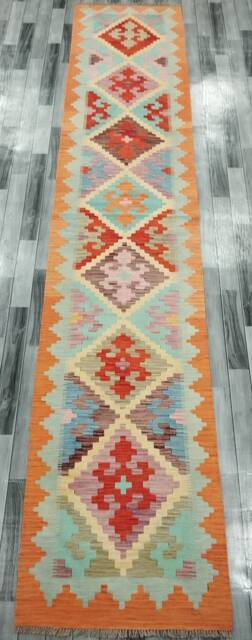 Tribal Runner Rug, Handmade Artisan Afghan Turkish Aztec Navajo Wool Kilim Rug 397x80 cm - image 1