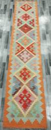 Tribal Runner Rug, Handmade Artisan Afghan Turkish Aztec Navajo Wool Kilim Rug 397x80 cm - thumbnail 1