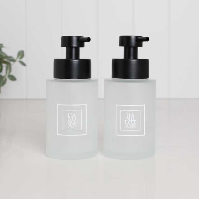 Set Of 2 Frosted Glass Hand Soap & Lotion Dispensers With White Square Labels, 250Ml Refillable Bottles Pumps - image 1