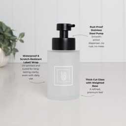 Set Of 2 Frosted Glass Hand Soap & Lotion Dispensers With White Square Labels, 250Ml Refillable Bottles Pumps - thumbnail 3
