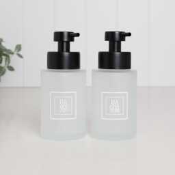 Set Of 2 Frosted Glass Hand Soap & Lotion Dispensers With White Square Labels, 250Ml Refillable Bottles Pumps - thumbnail 1