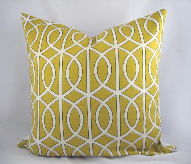 Dwell - Gate Citrine, Trellis, Mustard, Yellow White Decorative Pillow Cushion Covers Accent Throw