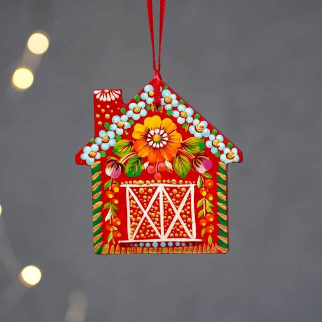 Red Barn Christmas Ornament, Wooden Painted Gingerbread Ukrainian Hand Ornaments - Personalization Available - image 1