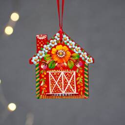 Red Barn Christmas Ornament, Wooden Painted Gingerbread Ukrainian Hand Ornaments - Personalization Available - thumbnail 1