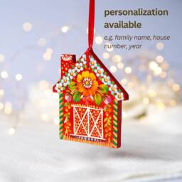 Red Barn Christmas Ornament, Wooden Painted Gingerbread Ukrainian Hand Ornaments - Personalization Available - thumbnail 2