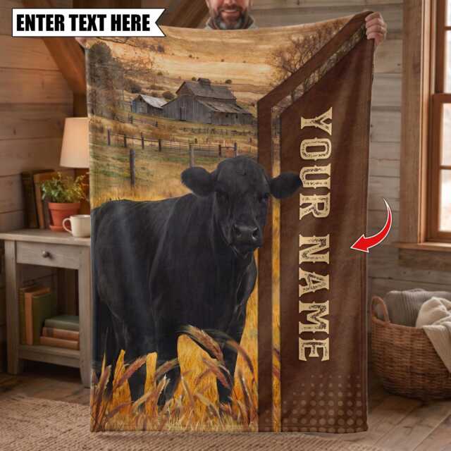 Personalized Name Black Angus Farming Life Pattern Blanket, Custom Farm Bedroom Decor Gift - image 1
