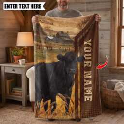 Personalized Name Black Angus Farming Life Pattern Blanket, Custom Farm Bedroom Decor Gift - thumbnail 2