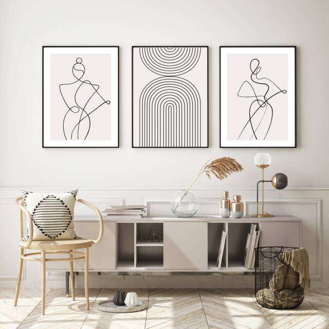 Abstract Woman Line Art Print Set Beige Rainbow Arch Trio - image 1