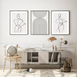 Abstract Woman Line Art Print Set Beige Rainbow Arch Trio - thumbnail 1