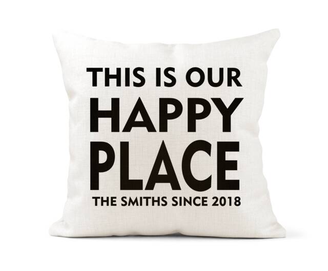Personalised Family Cream Canvas Cushion, Scatter Home Decor, Wedding, New Gift, Anniversary, This Is Our Happy Place - image 1