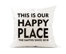 Personalised Family Cream Canvas Cushion, Scatter Home Decor, Wedding, New Gift, Anniversary, This Is Our Happy Place - thumbnail 1