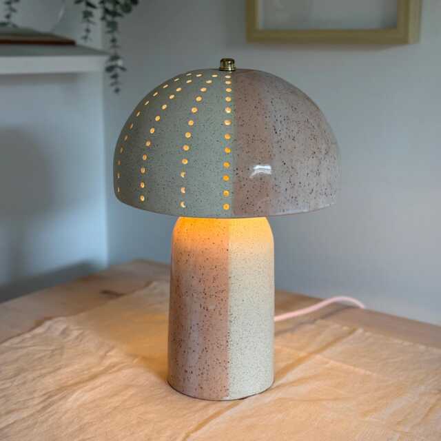 Pink Ceramic Mushroom Lamp, Mid-Century Modern Bedside Light - image 1