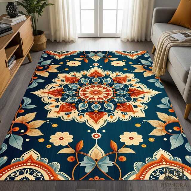 Navy Blue Mandala Rug, Boho Floral Medallion, Washable Area Mat - image 1