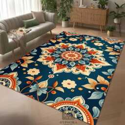Navy Blue Mandala Rug, Boho Floral Medallion, Washable Area Mat - thumbnail 2