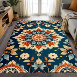 Navy Blue Mandala Rug, Boho Floral Medallion, Washable Area Mat - thumbnail 1
