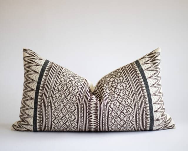 Embroidered Lumbar Pillow Cover Cream Black Tribal Design - image 1