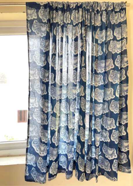 Indigo Elephant Hand Block Print Curtain Boho Cotton Panel - Set Of Two - image 1
