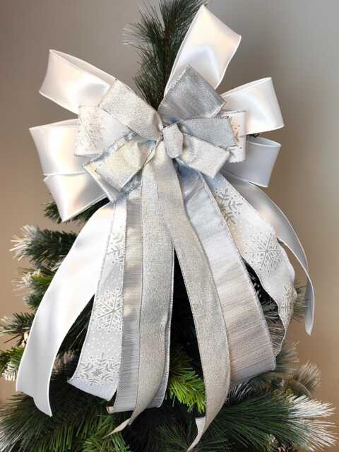 White Silver Christmas Tree Topper Bow Holiday Wreath Bows Lantern Gift Decoration - image 1