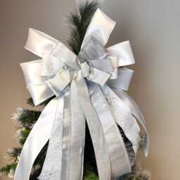 White Silver Christmas Tree Topper Bow Holiday Wreath Bows Lantern Gift Decoration - thumbnail 2