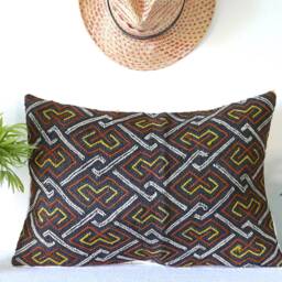 "African Kuba & Mudcloth Fabric Textile Handmade Natural Raffia Pillowcase Pillow Cover 15"" X 22" - thumbnail 3