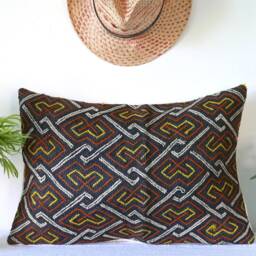 "African Kuba & Mudcloth Fabric Textile Handmade Natural Raffia Pillowcase Pillow Cover 15"" X 22" - thumbnail 2