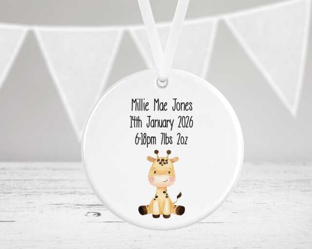 Personalised Baby Gift - Ceramic Decoration Giraffe Boy Girl Keepsake Plaque Newborn New Born Bauble