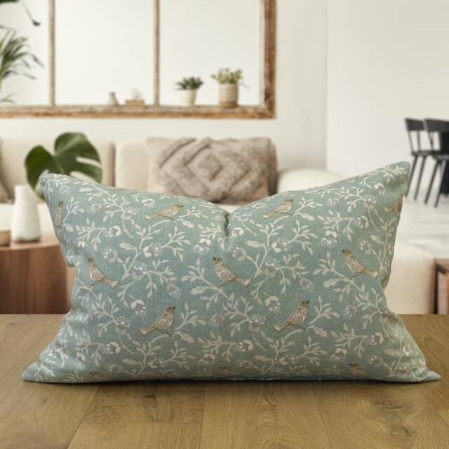 Dainty Songbird Xl Rectangular Cushion. Contemporary Vintage Style Design in Modern Duck Egg Blue. 23X15
