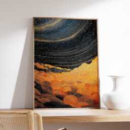 Black Gold Abstract Night Sky Art Print, Cosmic Galaxy Poster, Japanese Wave Wavy Lines, Kintsugi Aesthetic Decor - thumbnail 2