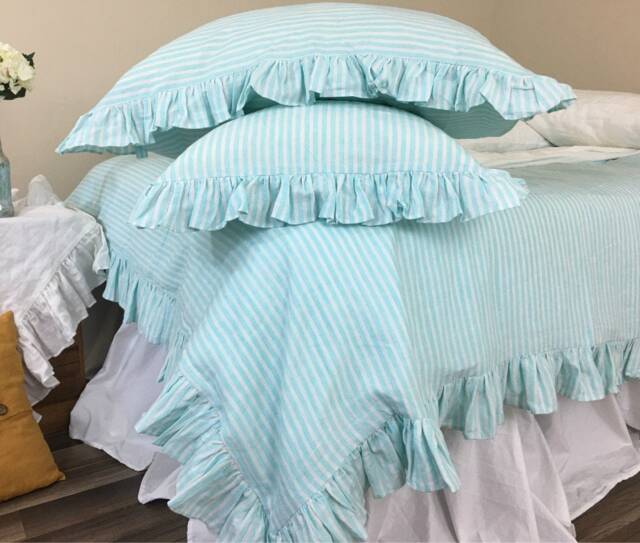 Fresh Green & White Striped Linen Duvet Cover Self Ruffled, Natural Linen Stripe, Available in All Sizes Or Custom Size - image 1