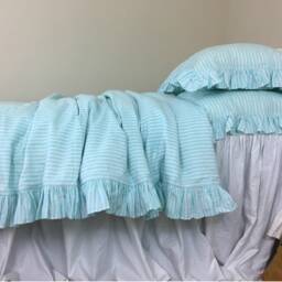 Fresh Green & White Striped Linen Duvet Cover Self Ruffled, Natural Linen Stripe, Available in All Sizes Or Custom Size - thumbnail 3