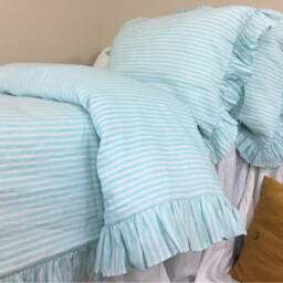 Fresh Green & White Striped Linen Duvet Cover Self Ruffled, Natural Linen Stripe, Available in All Sizes Or Custom Size - thumbnail 2