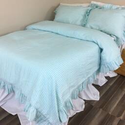 Fresh Green & White Striped Linen Duvet Cover Self Ruffled, Natural Linen Stripe, Available in All Sizes Or Custom Size - thumbnail 4
