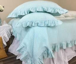 Fresh Green & White Striped Linen Duvet Cover Self Ruffled, Natural Linen Stripe, Available in All Sizes Or Custom Size