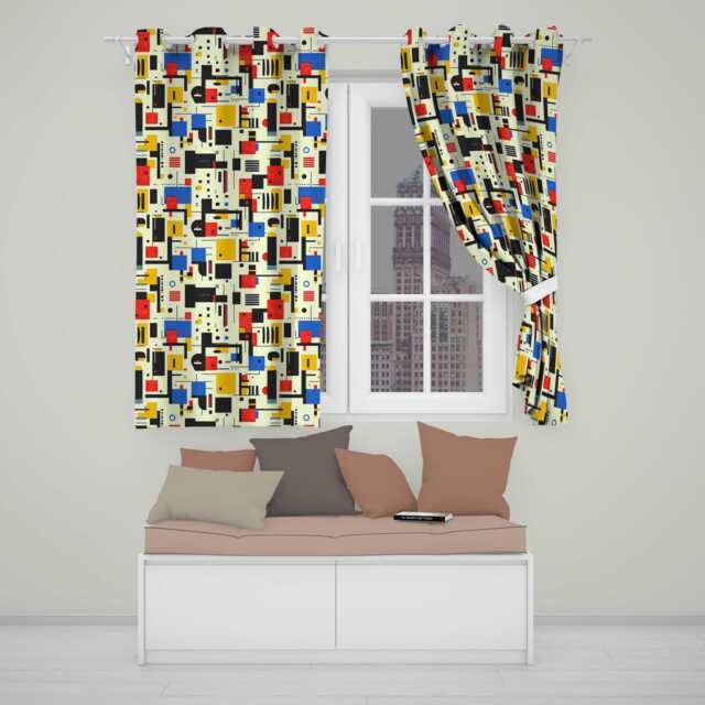 Minimal Abstract Grid Shapes Primary Colors Seamless Pattern Readymade Eyelet Ring Top Thermal 100% Blackout Curtains - image 1