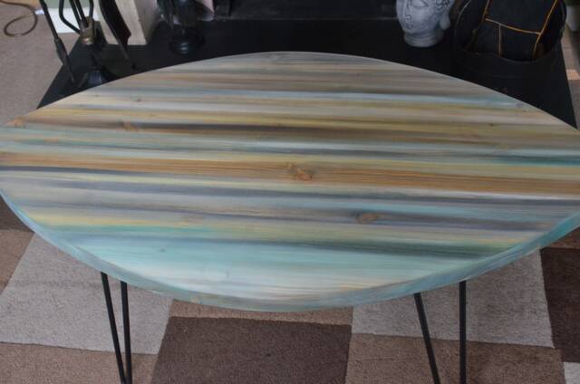Oval Wood Coastal Coffee Table Sandy Cove Colours With Black Metal Hair Pin Or Tapered Legs/Us Customers Tariff Is Paid - image 1