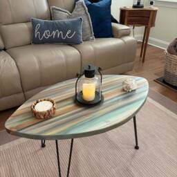 Oval Wood Coastal Coffee Table Sandy Cove Colours With Black Metal Hair Pin Or Tapered Legs/Us Customers Tariff Is Paid - thumbnail 4