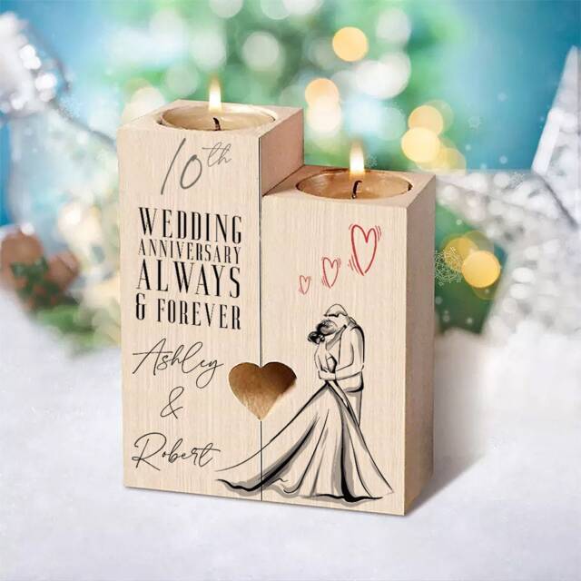 Personalised 10Th Anniversary Double Tea Light Candle Holder With Couple - image 1