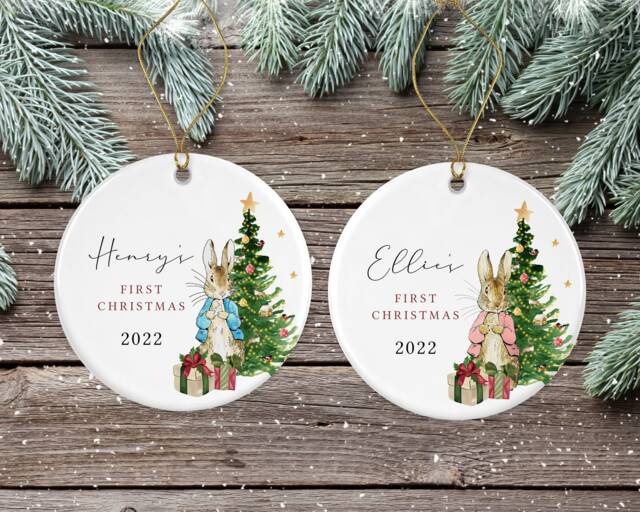 First Christmas Decoration - Personalised Tree Ornament Baby's Xmas Ceramic Bauble Keepsake Gift Peter Rabbit Flopsy - image 1