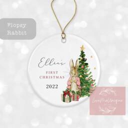 First Christmas Decoration - Personalised Tree Ornament Baby's Xmas Ceramic Bauble Keepsake Gift Peter Rabbit Flopsy - thumbnail 3
