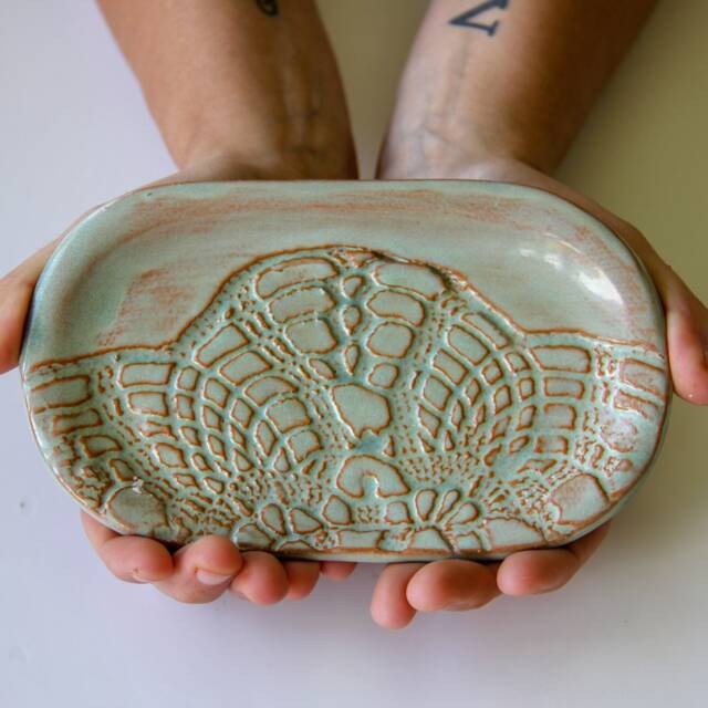 Handmade Ceramic Soap Dish Lace Imprint Pottery, Bathroom Decor - image 1