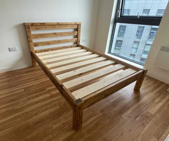 Chunky Rustic Pine Wood Bed Frame With Headboard - image 1