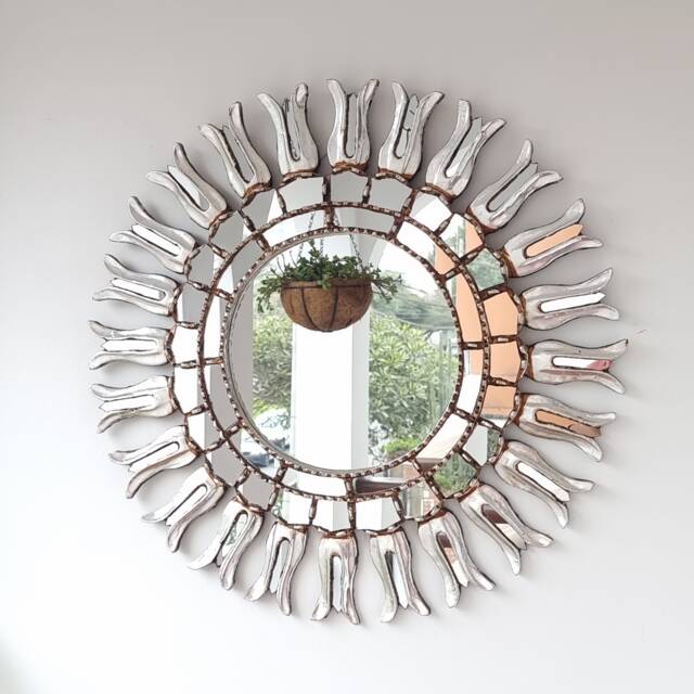 Peruvian Silver Round Mirror 60 cm Handmade Wall Decor - Carved Wood Elegant Decorative For Living Room Bedroom Bathroom Entryway - image 1