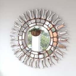 Peruvian Silver Round Mirror 60 cm Handmade Wall Decor - Carved Wood Elegant Decorative For Living Room Bedroom Bathroom Entryway