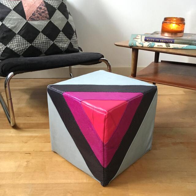 Leather Footstool - Handmade Quilted Pouf Pouffe in Bright Colours Square Ottoman Recycled Sustainable Furniture Housewarming Gift - image 1