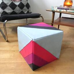 Leather Footstool - Handmade Quilted Pouf Pouffe in Bright Colours Square Ottoman Recycled Sustainable Furniture Housewarming Gift - thumbnail 2