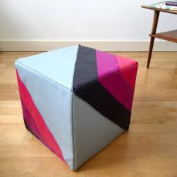 Leather Footstool - Handmade Quilted Pouf Pouffe in Bright Colours Square Ottoman Recycled Sustainable Furniture Housewarming Gift - thumbnail 3