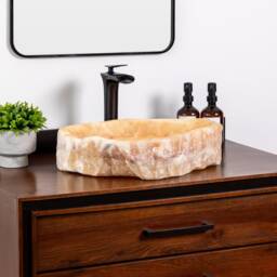 Natural Stone Vessel Bathroom Sink, Chiseled Honey Onyx, Vanity Sink - thumbnail 2