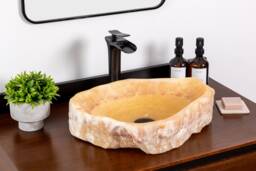 Natural Stone Vessel Bathroom Sink, Chiseled Honey Onyx, Vanity Sink - thumbnail 1